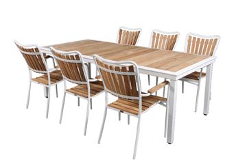 Hagemøbler i teak 219 cm bord + 6 teak-stoler